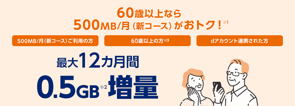 画像：OCNモバイルONE「60歳からの特典（最大12カ月間0.5GB増量）」